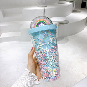 Cute Rainbow 550mL Double Layer Water Bottle With Straw for Girls
