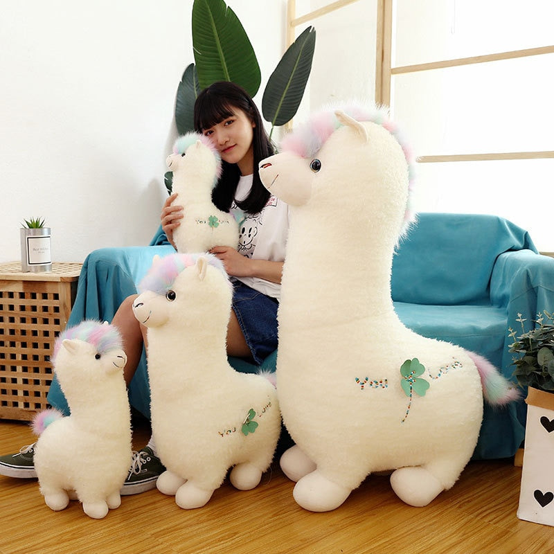 Cute White Alpaca Rainbow Hair Plush Toy Doll