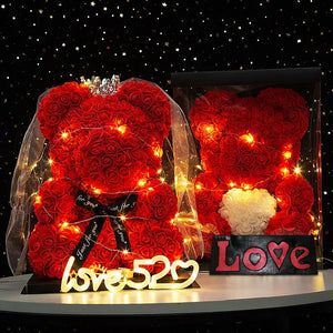 Romantic Crown Rose Teddy Bear with LED Light String Anniversary Valentine's Day Wedding Party Gift