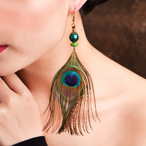 Boho Peacock Feather Long Earrings