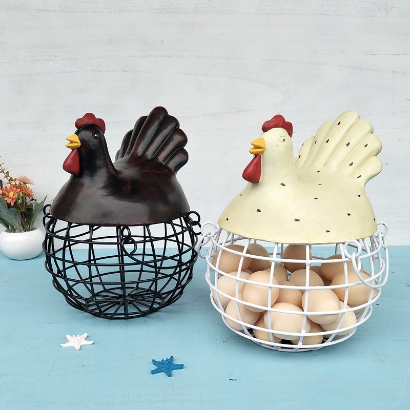 Ceramic Chicken Hen Iron Egg Snack Fruit Storage Basket Kitchen Decoration