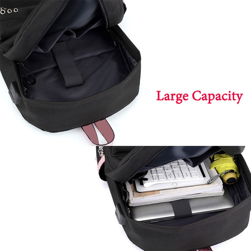 Cute Cartoon Cat Plushie Large Capacity Backpacks School Bag With USB Charging Chain Bundle