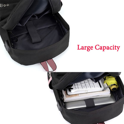 Cute Cartoon Cat Plushie Large Capacity Backpacks School Bag With USB Charging Chain Bundle