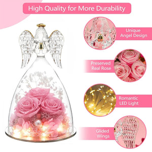 Little Guardian Angel Eternal Rose Flowers In Glass Dome Figurines Valentine Day Gift