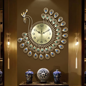 Large 3D Gold Diamond Peacock Metal Wall Clock