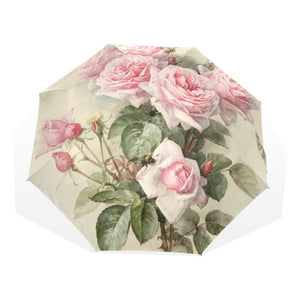 Vintage Pink Rose Floral Print Three Folding Portable Automatic Umbrella