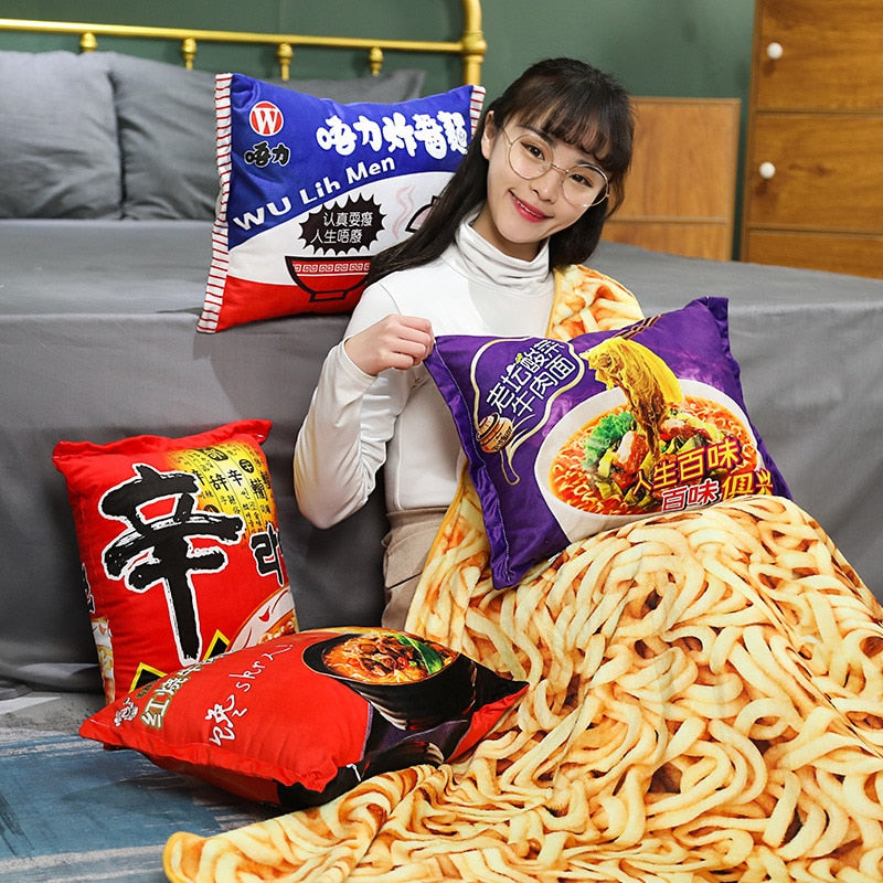 Instant Beef Fried Noodles Stuffed Plush Pillow with Blanket