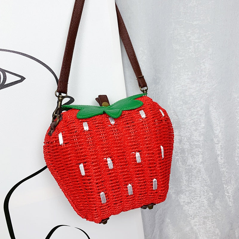 Red Strawberry Rattan Straw Weave Purse Shoulder Bag