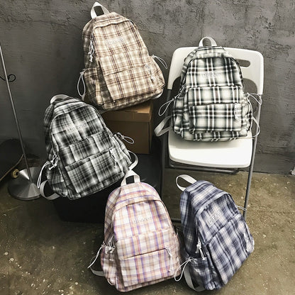 Plaid Lattice Cotton Fabric College School Backpack