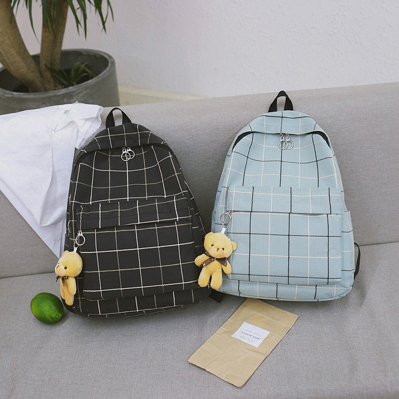 Lovely Small Plaid Canvas Backpack Student Bag for Teenage Girls