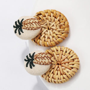 Embroidery Pineapple Boho Wooden Straw Earrings