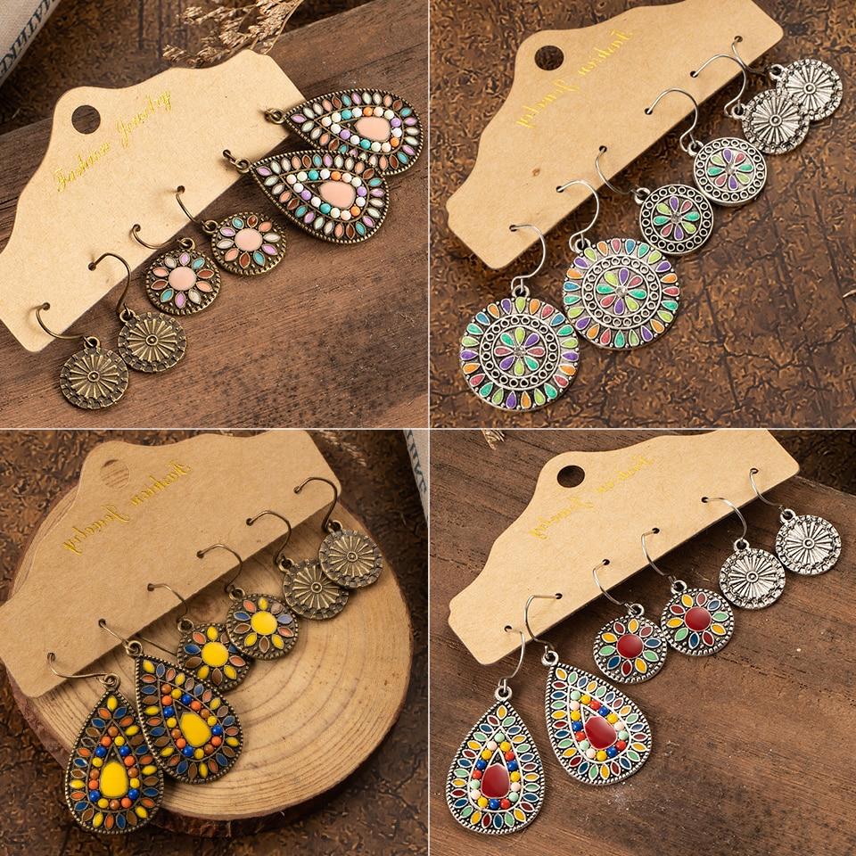 Vintage Bohemian Ethnic Multiple 3 Pairs Boho Drop Dangle Earrings Set