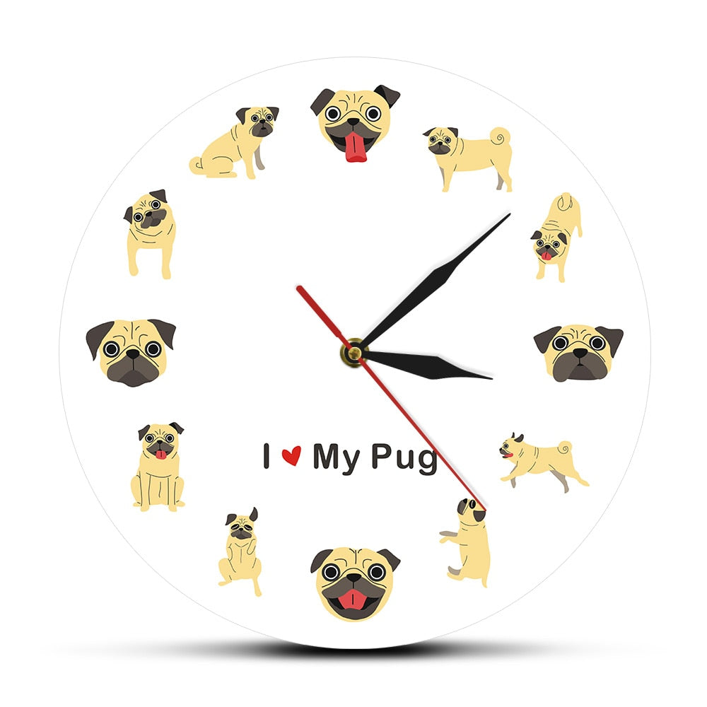 Cartoon I Love My Pug Modern Wall Clock Pug Lover Gift