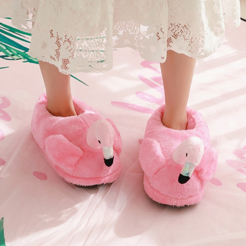 Cute Pink Flamingo Bird Indoor Soft Home Plush Slippers Shoes