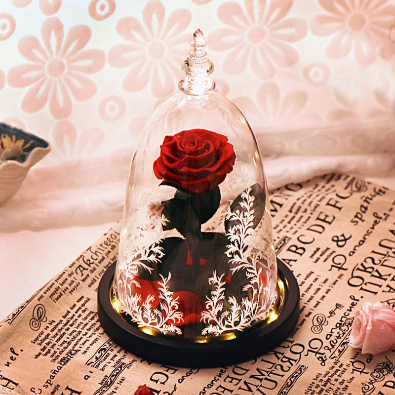 Beauty and the Beast Enchanted Rose Eternal Red Rose Flower In Glass Dome with LED Light Lamp