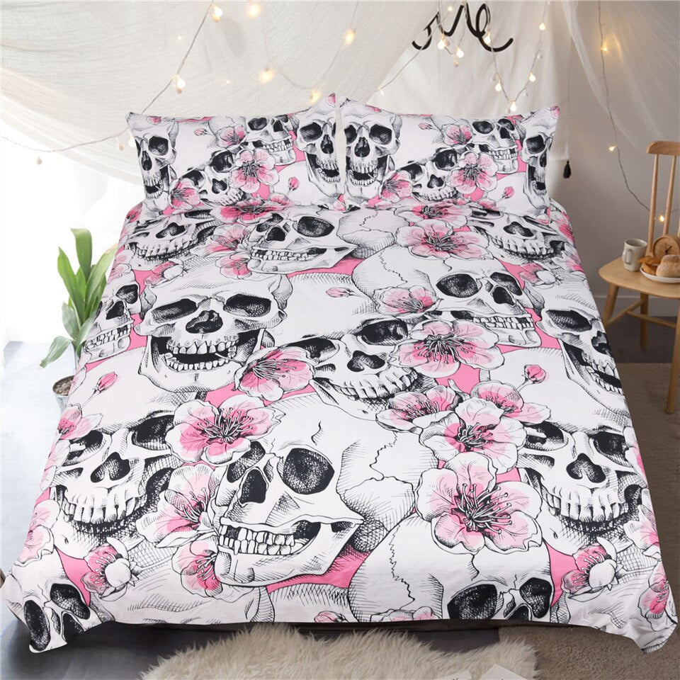 Cherry Blossom Sugar Skull Duvet Cover Bedding Set