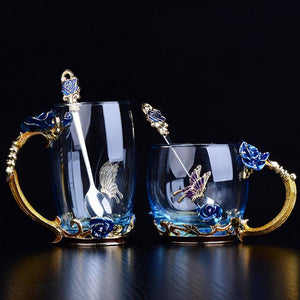 Blue Rose Flower Enamel Crystal Glass Mug with Handgrip
