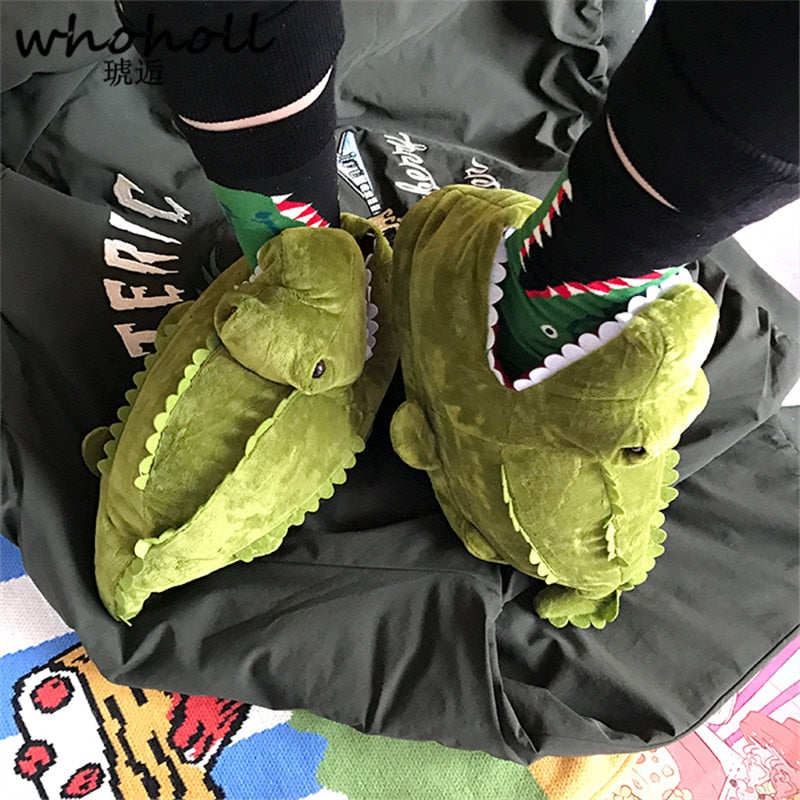 Funny Green Crocodile Warm Soft Indoor Slipper Shoes