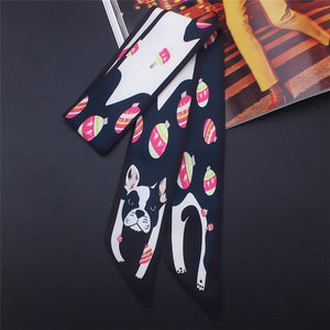Cute Animal Print Bag Skinny Silk Scarf For Women Tie Head Scarves