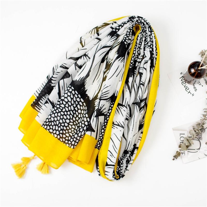 Floral Sunflower Printing Elegant Yellow Tassel Long Polyester Shawl