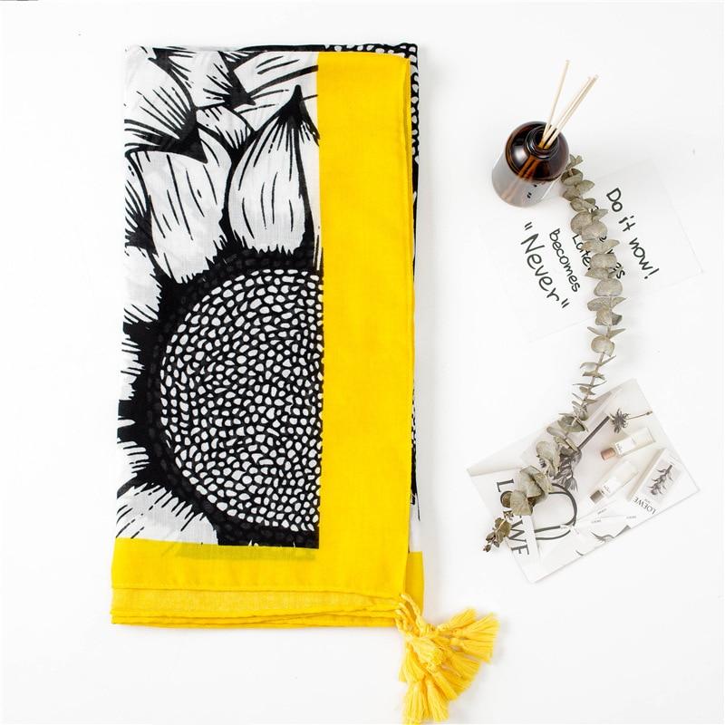 Floral Sunflower Printing Elegant Yellow Tassel Long Polyester Shawl