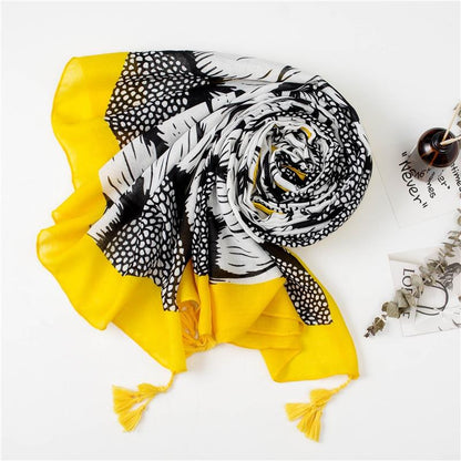 Floral Sunflower Printing Elegant Yellow Tassel Long Polyester Shawl