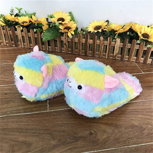 Cute Colorful Alpaca Cotton Fur Home Non Slip Slippers