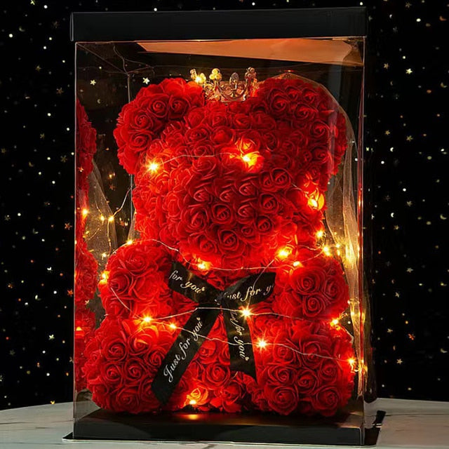 Romantic Crown Rose Teddy Bear with LED Light String Anniversary Valentine's Day Wedding Party Gift