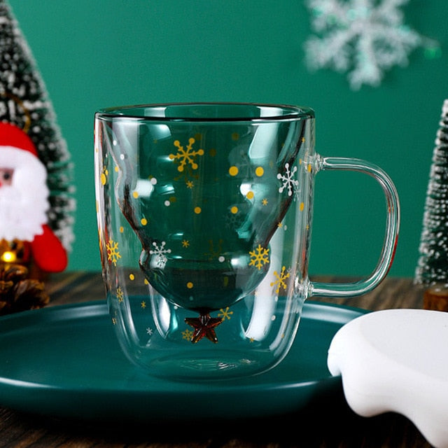 300ml Creative Christmas Tree Glass Mug Double Wall Insulated