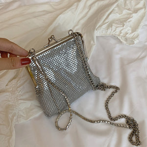Silver Metal Punk Diamond Tassel Party Clutch Crossbody Bag Handbag