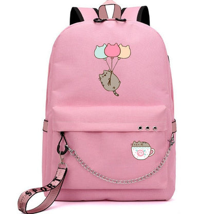 Cute Cartoon Cat Plushie Large Capacity Backpacks School Bag With USB Charging Chain Bundle