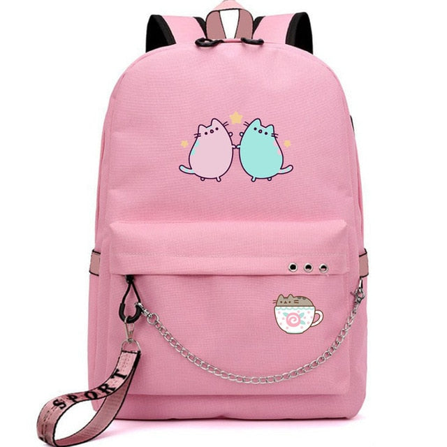 Cute Cartoon Cat Plushie Large Capacity Backpacks School Bag With USB Charging Chain Bundle