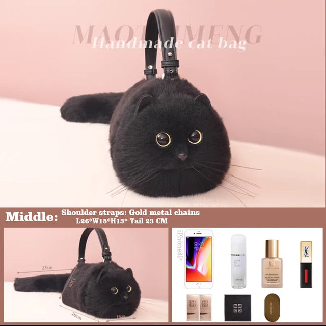 Cute Lifelike Black Cat Shape Soft Fur Handbag Shoulder Bag