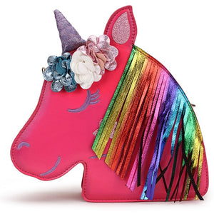 Cute Pony Horse Rainbow Tassle Flowers Design Leather Purse Shoulder Bag