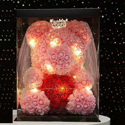 Romantic Crown Rose Teddy Bear with LED Light String Anniversary Valentine's Day Wedding Party Gift