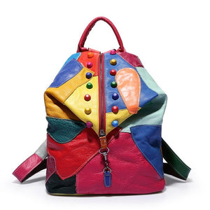 Colorful Patchwork Rivet Women Leather Backpack School Bag