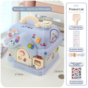 Cute Little Cottage House Shape Piggy Bank Money Box with Stickers and Lock Key for Girls