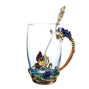 Blue Rose Flower Enamel Crystal Glass Mug with Handgrip