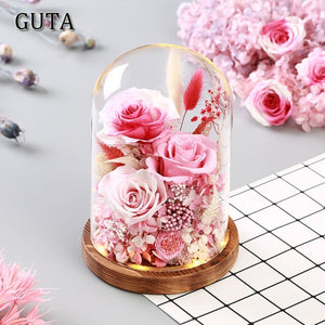 Luxuary Vintage Dried Rose Flowers with LED Light in Glass Dome Valentine's Day Wedding Gift