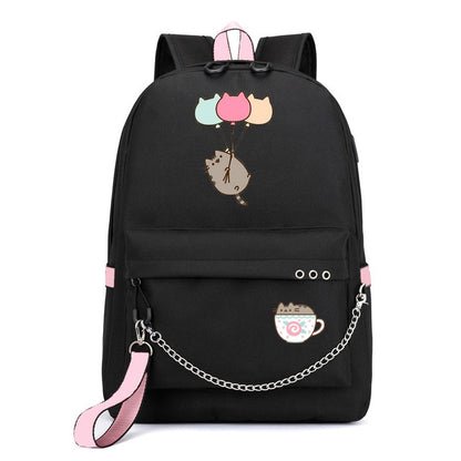 Cute Cartoon Cat Plushie Large Capacity Backpacks School Bag With USB Charging Chain Bundle