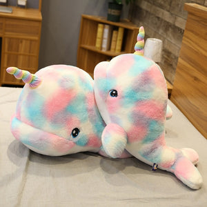 Cute Colorful Narwhal Dolphon with Horn Super Soft Plush Stuffed Pillow Doll Gift