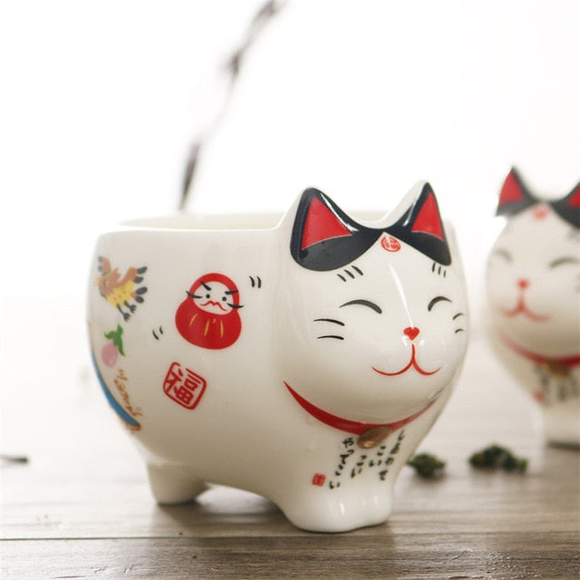 Cute Lucky Cat Ceramic Coffee Mug Cup Teapot Set