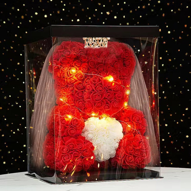 Romantic Crown Rose Teddy Bear with LED Light String Anniversary Valentine's Day Wedding Party Gift