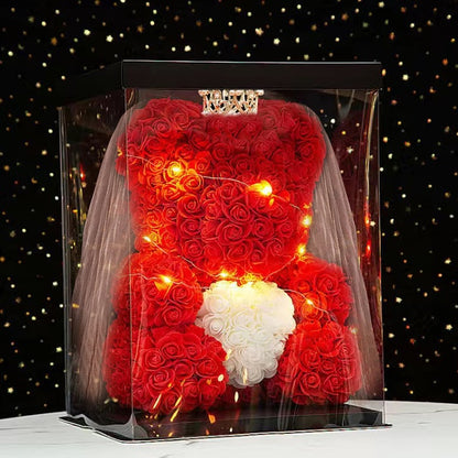 Romantic Crown Rose Teddy Bear with LED Light String Anniversary Valentine's Day Wedding Party Gift