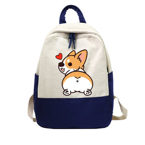 Cute Cartoon Corgi Two Tone Canvas School Bag Backpack For Teenage Girl