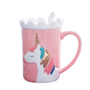 Cute Unicorn Pastel Color Coffee Mug with Ceramic Spoon and Crown Lid