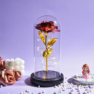 Galaxy Gold Foil Rose in Glass Dome with Base Wedding Birthday Gift for Women Girls