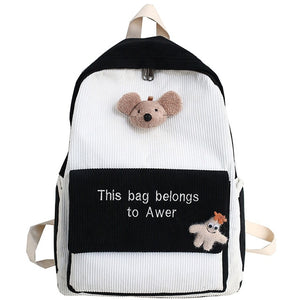 Cute Mouse Plush Embroidery Stripe Corduroy Backpack School Bag