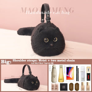 Cute Lifelike Black Cat Shape Soft Fur Handbag Shoulder Bag