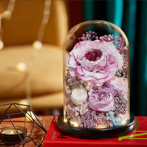 Natural Dried Flowers LED Light In Glass Dome Valentines Day Gift